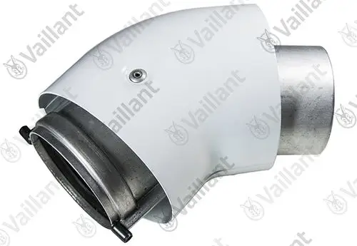 Vaillant Bogen, 45 Grad, mit metallischen und weißen Komponenten, ausgestattet mit einer Befestigungsklemme und einem Anschluss.